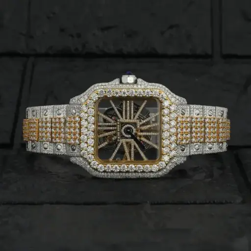 Luxury Full Iced Out Moissanite Diamond Skeleton Watch with box